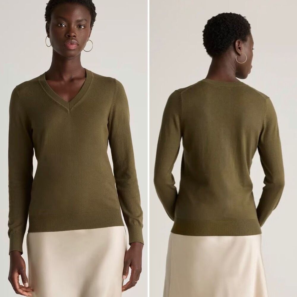 QUINCE Olive Green Lightweight Cotton Cashmere V-Neck Sweater-L